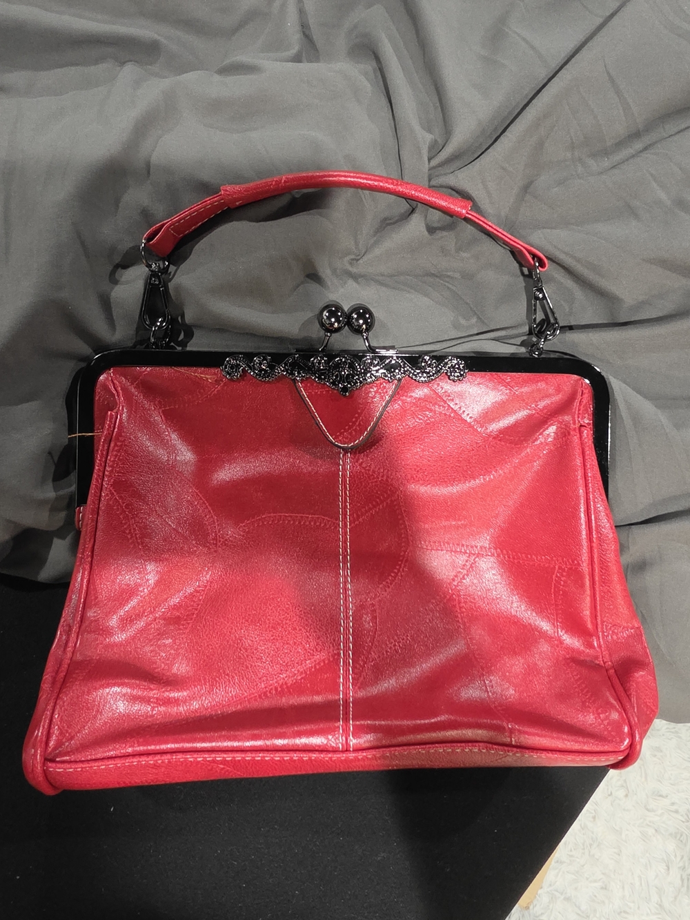 Red Frame-Top Satchel Handbag - Picture 2 of 9